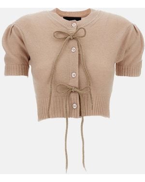 Simone Rocha Cropped Cashmere Cardigan With Chenille Bow Accents - Natural