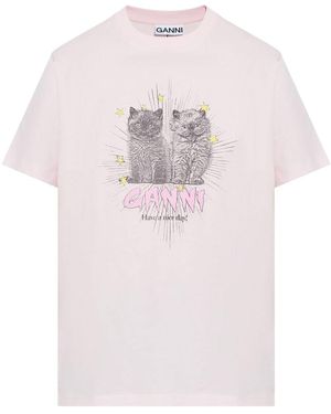 Ganni Kittens Print Cotton T-Shirt - Pink