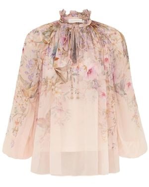 Zimmermann Floral Sheer Tie-Neck Blouse - Pink