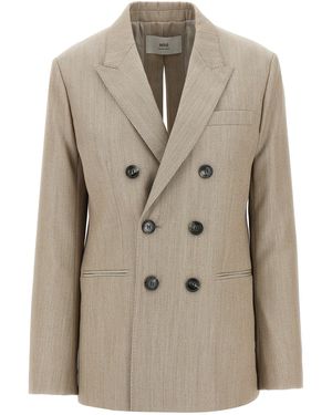 Ami Paris Maxi Split Double-Breasted Wool Blazer - Natural