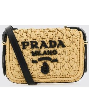 Prada Mini Raffia Shoulder Bag With Embroidered Logo - Metallic