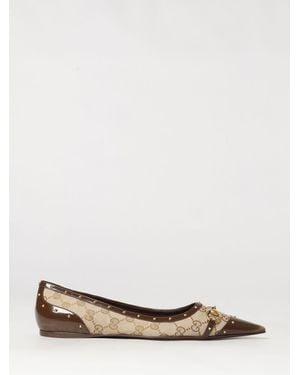 Gucci Gg Monogram Canvas And Leather Ballet Flats With Horsebit - Natural