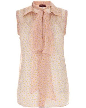 Gucci Printed Silk Top With Neck Bow - Pink