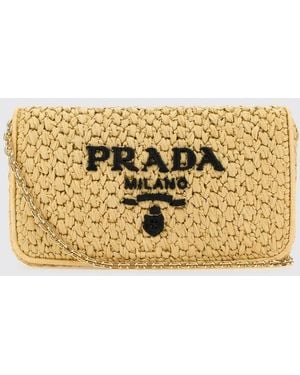 Prada Raffia Shoulder Bag With Embroidered Logo - Metallic