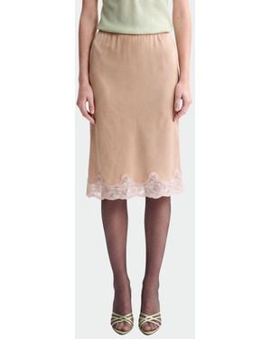 Saint Laurent Satin Midi Skirt With Lace Inserts - Natural