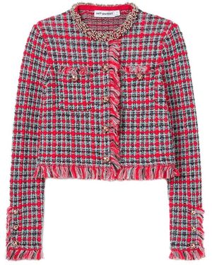 Self-Portrait Check Frayed Knit Jacket - Red