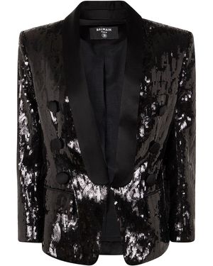 Balmain V-Neck Glitter Satin Tailored Jacket - Black
