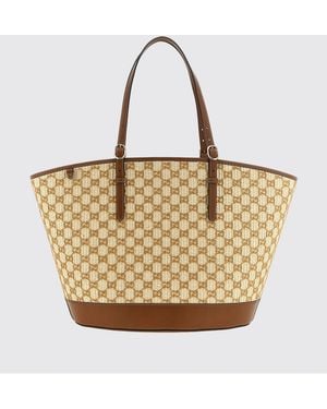Gucci Large Raffia Tote Bag With Flocked Gg Monogram And Double Handles - Natural