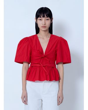Ganni Cotton Poplin Bow Blouse - Red