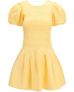 Ganni Stretch Cotton Mini Dress With Balloon Sleeves - Yellow