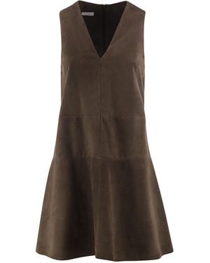 Brunello Cucinelli Short Suede Dress With V-Neckline - Brown