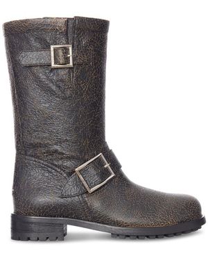 Jimmy Choo Crackled Leather Biker Boots With Buckles - Black