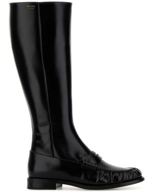 Prada Polished Leather Penny Knee-High Boots - Black
