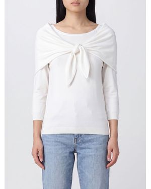 Max Mara Slim Fit Striped Wool Crewneck Sweater With Pussy-Bow Neck - White