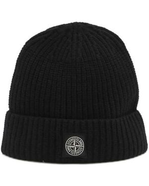 Stone Island Ribbed Knit Beanie With Logo - Black