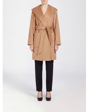 Max Mara Knee-Length Camel Wool Robe Coat With Shawl Collar And Belt - Natural