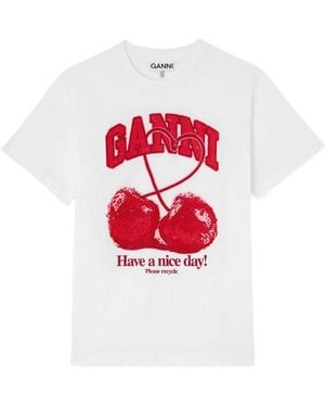 Ganni Printed Cotton T-Shirt - White