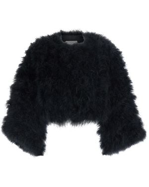 Yves Salomon Short Shearling Jacket With Round Collar And Three-Quarter Sleeves - Black