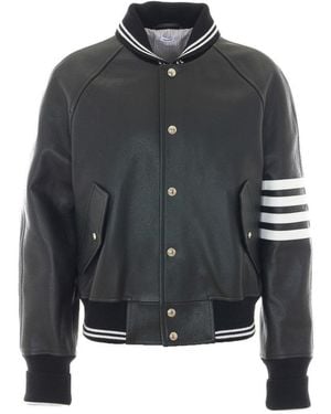Thom Browne Oversized Leather Bomber With 4-Bar - Gray