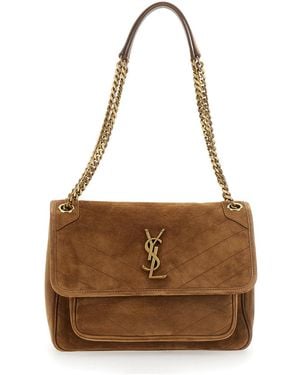 Saint Laurent 'Niki Medium' Crossbody Bag With Metal Ysl Plaque On The Front - Brown