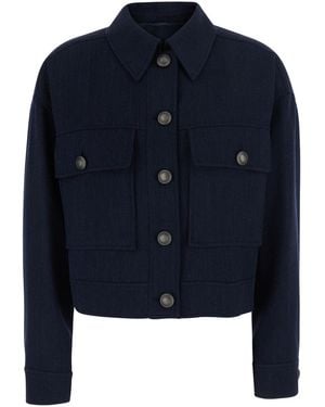 Brunello Cucinelli Crop Jacket With Classic Collar And Monile Decoration - Blue
