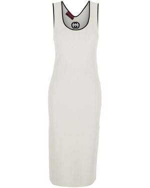 Gucci Long Dress With Round Neck And Gg Embroidery On The Rear - White