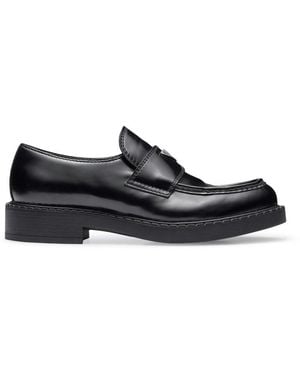 Prada Brushed Leather Loafers With Logo - Black