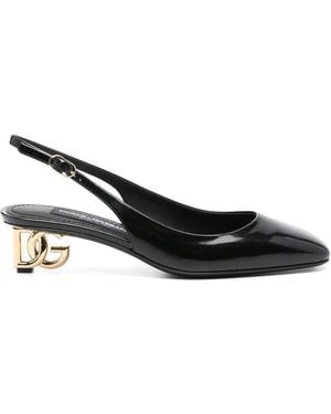 Dolce & Gabbana Logo-Heel Patent Leather Slingback Pumps - Black