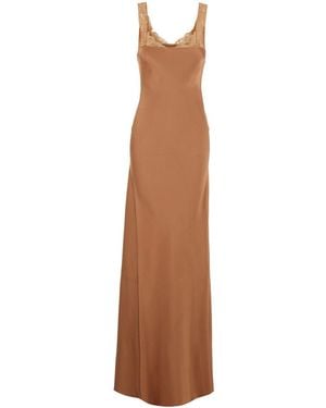 forte_forte Forte_Forte Long Dress With Fixed Straps And Lace Detail On Straps And Neck - Brown