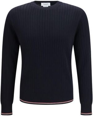 Thom Browne Crewneck Cotton Knit Sweater With-Bar Detail - Blue