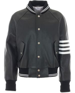 Thom Browne Oversized Leather Bomber With 4-Bar - Gray