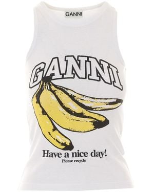Ganni Logo Banana Graphic Ribbed Tank Top - White