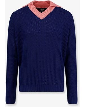 Fendi Cotton Sweater With Contrasting Collar - Blue