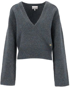 Ganni Melange Mohair Deep V-Neck - Blue