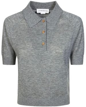 Victoria Beckham Lightweight Fine Guage Knitted Polo Top - Gray