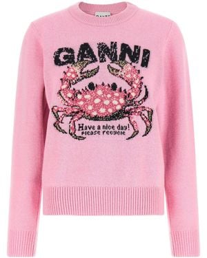 Ganni Intarsia Crab-Knit Sweater - Pink