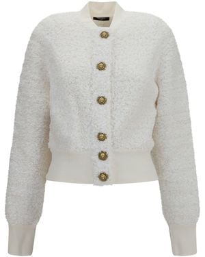 Balmain Tweed Bomber Jacket With Lion-Head Buttons - White