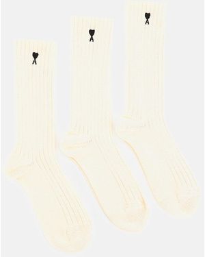 Ami Paris Pack Three Ami De Coeur Embroidery Socks - Natural