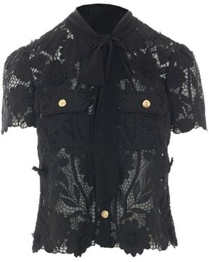 Self-Portrait Self Portrait Lace Tie Neck Top - Black