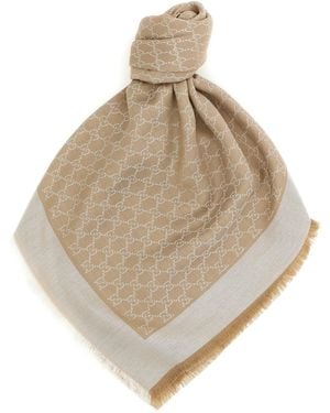 Gucci Wool And Silk Shawl Gg - Natural