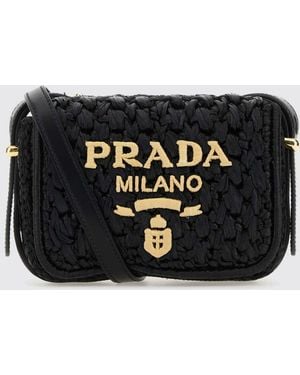 Prada Mini Raffia Shoulder Bag With Embroidered Logo - Black
