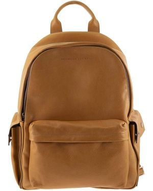 Brunello Cucinelli Grained Leather Backpack With Patch Pockets - Brown