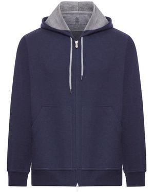 Brunello Cucinelli Double Cotton, Cashmere And Silk Sweatshirt Topwear With Zip And Hood - Blue