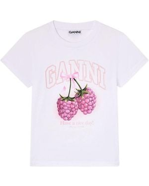 Ganni Raspberry Cotton T-Shirt - White