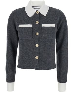Self-Portrait Cropped Cardigan With Contrasting Classic Collar And Two Front Patch Pockets - Black