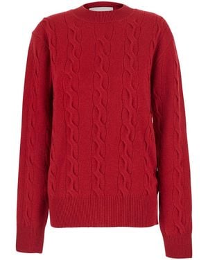 Ami Paris Crew-Neck Sweater With Cable-Knit And Tone-On-Tone Adc Embroidery On The Front - Red