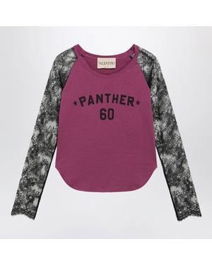 Valentino Cyclamen Panther 60 T-Shirt With Lace Sleeves - Purple