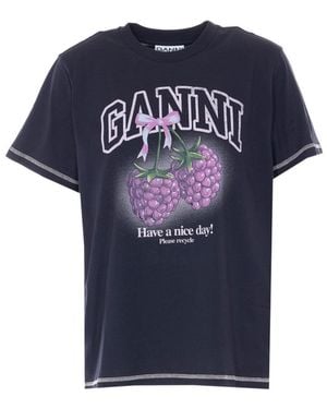 Ganni Logo T-Shirt With Raspberry Print - Blue