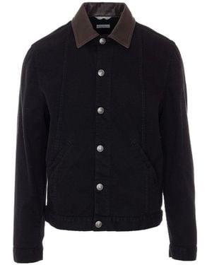 Brunello Cucinelli Light Denim Jacket With Leather Collar - Blue