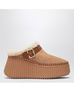 Chloé Nama Suede Wedge Mules - Brown